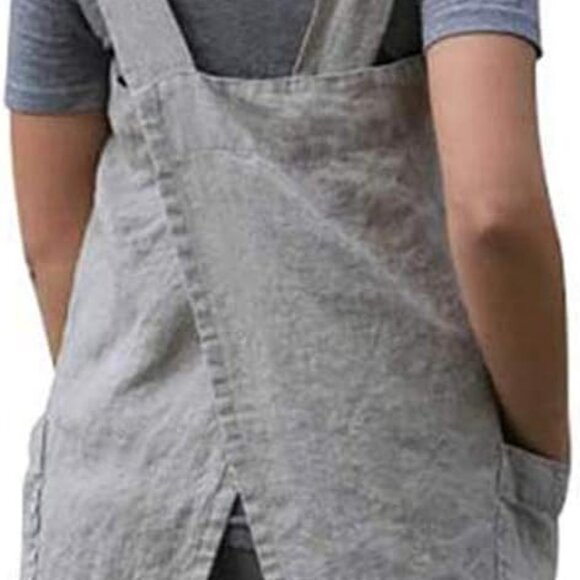 Women's Pinafore Apron Cross Back Apron with Pockets Cotton Linen Apron Dress Pl - Picture 4 of 5
